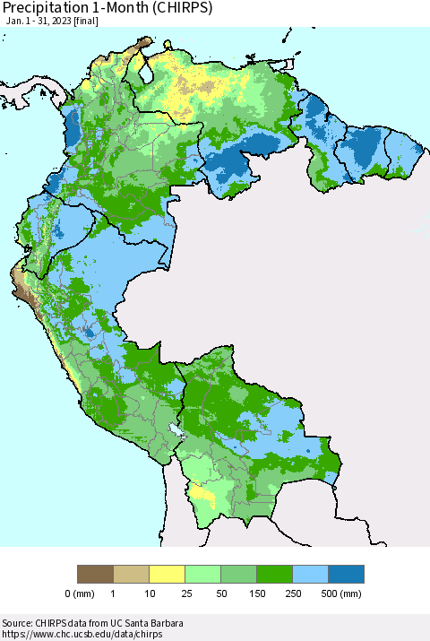 Northern South America Precipitation 1-Month (CHIRPS) Thematic Map For 1/1/2023 - 1/31/2023