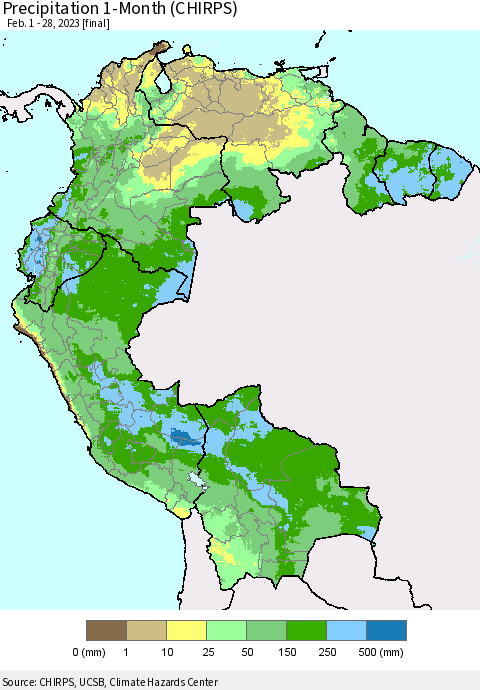 Northern South America Precipitation 1-Month (CHIRPS) Thematic Map For 2/1/2023 - 2/28/2023