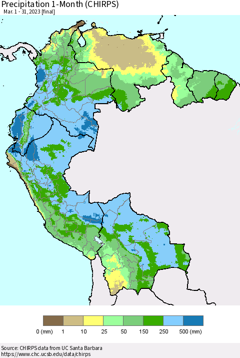 Northern South America Precipitation 1-Month (CHIRPS) Thematic Map For 3/1/2023 - 3/31/2023