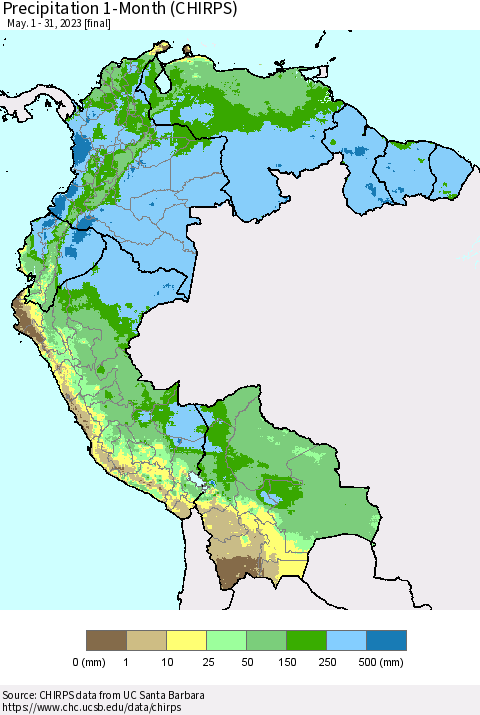 Northern South America Precipitation 1-Month (CHIRPS) Thematic Map For 5/1/2023 - 5/31/2023