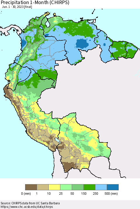 Northern South America Precipitation 1-Month (CHIRPS) Thematic Map For 6/1/2023 - 6/30/2023