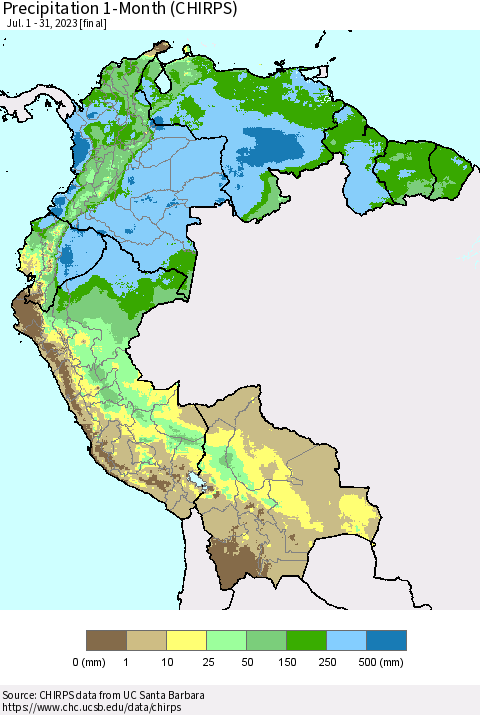 Northern South America Precipitation 1-Month (CHIRPS) Thematic Map For 7/1/2023 - 7/31/2023