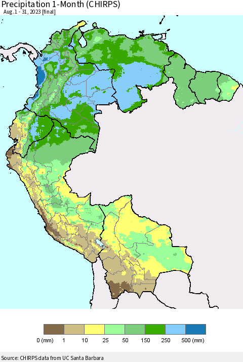 Northern South America Precipitation 1-Month (CHIRPS) Thematic Map For 8/1/2023 - 8/31/2023