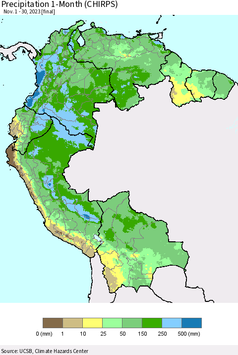 Northern South America Precipitation 1-Month (CHIRPS) Thematic Map For 11/1/2023 - 11/30/2023