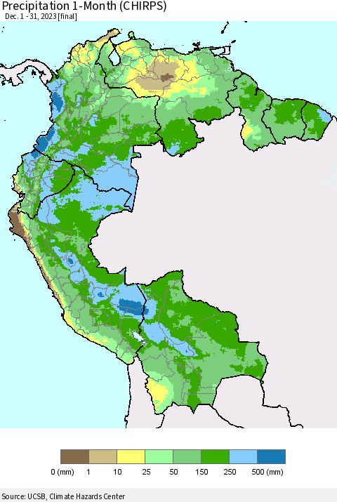 Northern South America Precipitation 1-Month (CHIRPS) Thematic Map For 12/1/2023 - 12/31/2023