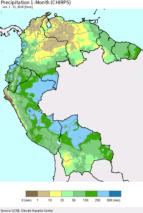 Northern South America Precipitation 1-Month (CHIRPS) Thematic Map For 1/1/2024 - 1/31/2024