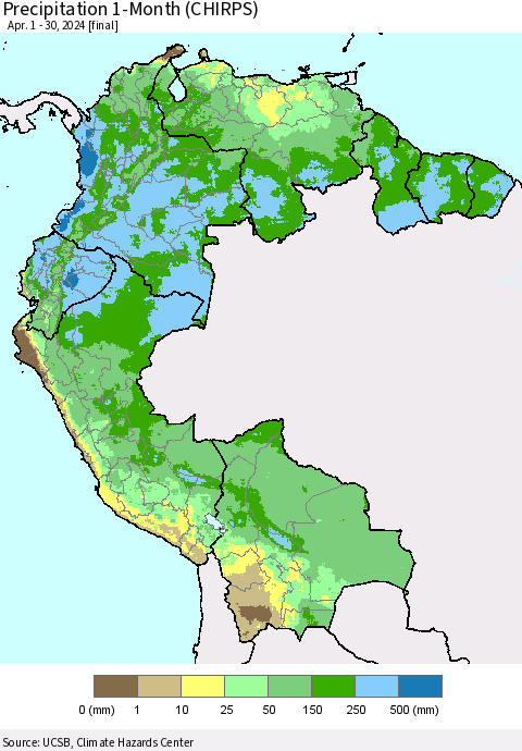 Northern South America Precipitation 1-Month (CHIRPS) Thematic Map For 4/1/2024 - 4/30/2024