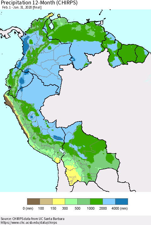 Northern South America Precipitation 12-Month (CHIRPS) Thematic Map For 2/1/2019 - 1/31/2020