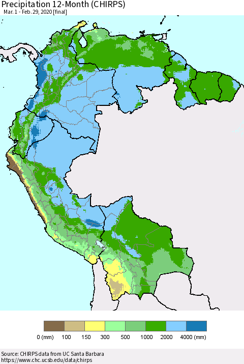 Northern South America Precipitation 12-Month (CHIRPS) Thematic Map For 3/1/2019 - 2/29/2020