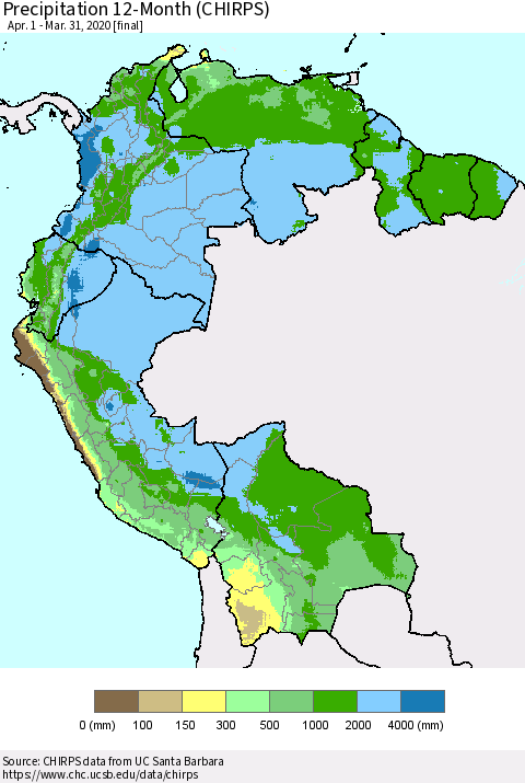 Northern South America Precipitation 12-Month (CHIRPS) Thematic Map For 4/1/2019 - 3/31/2020