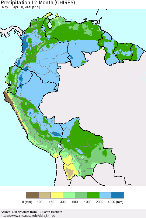 Northern South America Precipitation 12-Month (CHIRPS) Thematic Map For 5/1/2019 - 4/30/2020