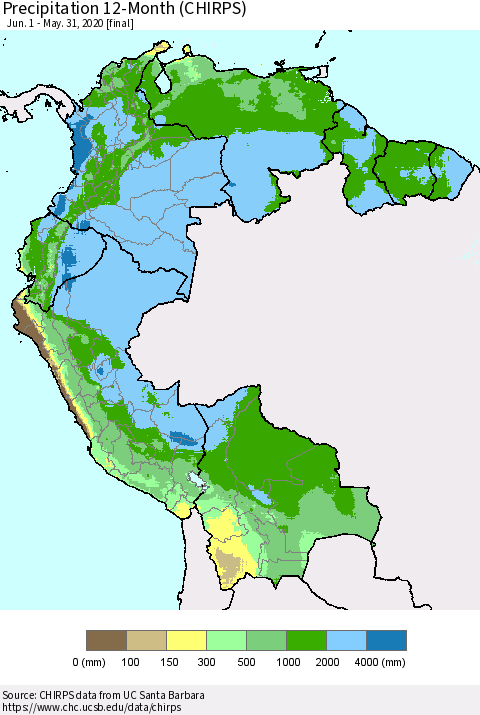 Northern South America Precipitation 12-Month (CHIRPS) Thematic Map For 6/1/2019 - 5/31/2020