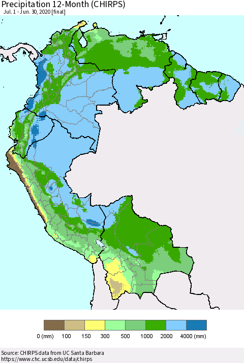Northern South America Precipitation 12-Month (CHIRPS) Thematic Map For 7/1/2019 - 6/30/2020