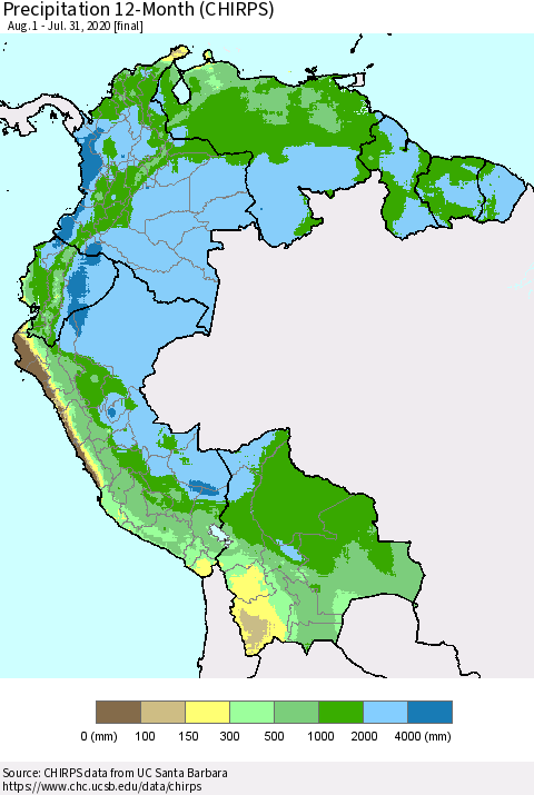 Northern South America Precipitation 12-Month (CHIRPS) Thematic Map For 8/1/2019 - 7/31/2020