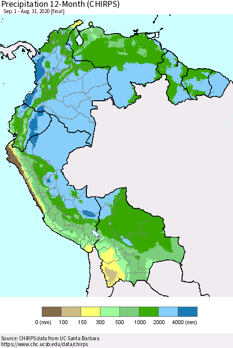 Northern South America Precipitation 12-Month (CHIRPS) Thematic Map For 9/1/2019 - 8/31/2020