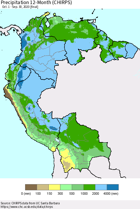 Northern South America Precipitation 12-Month (CHIRPS) Thematic Map For 10/1/2019 - 9/30/2020