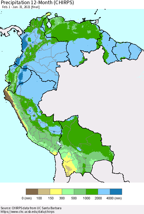 Northern South America Precipitation 12-Month (CHIRPS) Thematic Map For 2/1/2020 - 1/31/2021