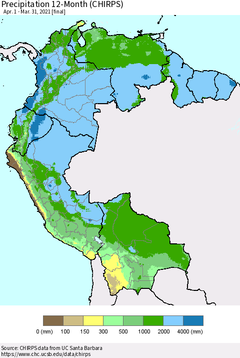 Northern South America Precipitation 12-Month (CHIRPS) Thematic Map For 4/1/2020 - 3/31/2021