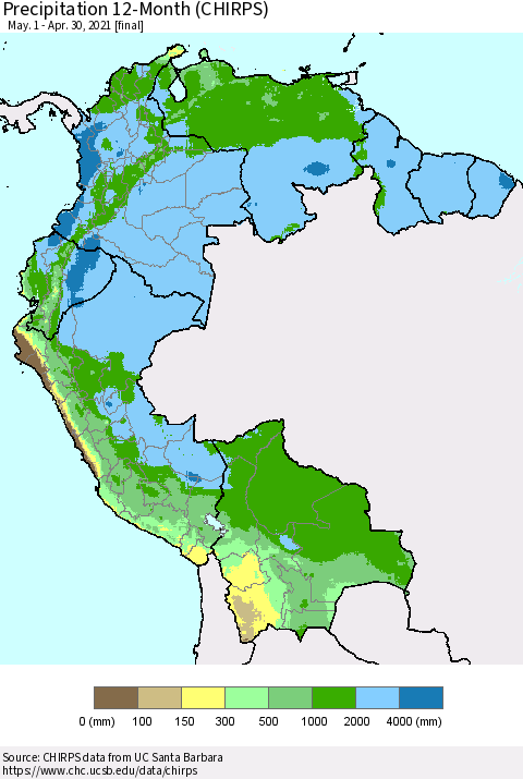Northern South America Precipitation 12-Month (CHIRPS) Thematic Map For 5/1/2020 - 4/30/2021