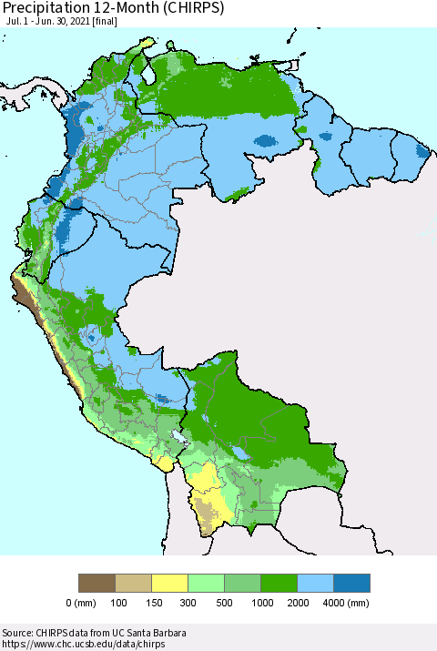 Northern South America Precipitation 12-Month (CHIRPS) Thematic Map For 7/1/2020 - 6/30/2021