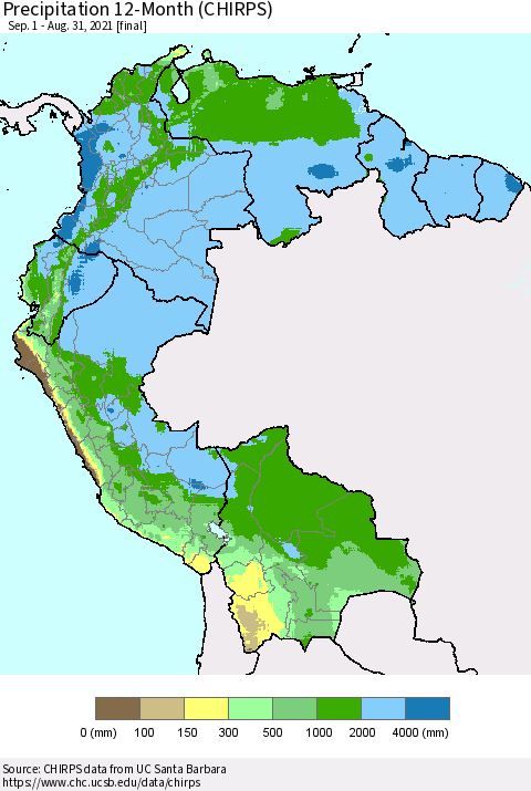 Northern South America Precipitation 12-Month (CHIRPS) Thematic Map For 9/1/2020 - 8/31/2021