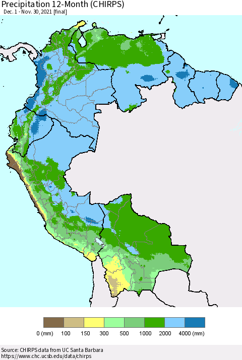 Northern South America Precipitation 12-Month (CHIRPS) Thematic Map For 12/1/2020 - 11/30/2021