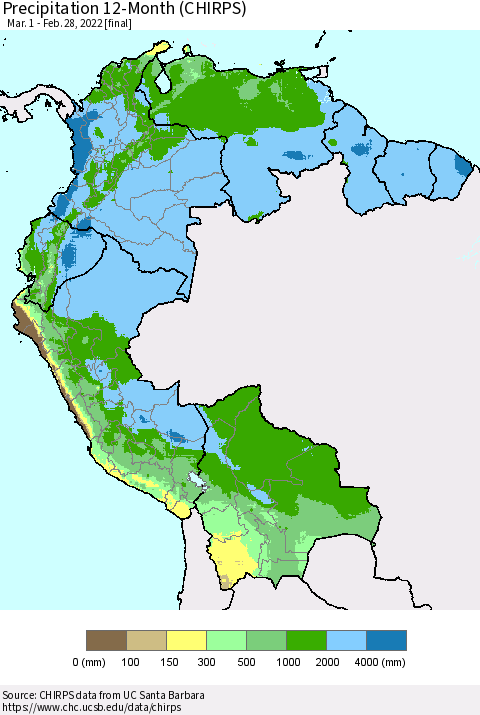 Northern South America Precipitation 12-Month (CHIRPS) Thematic Map For 3/1/2021 - 2/28/2022
