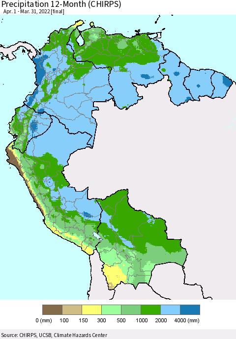 Northern South America Precipitation 12-Month (CHIRPS) Thematic Map For 4/1/2021 - 3/31/2022