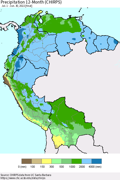 Northern South America Precipitation 12-Month (CHIRPS) Thematic Map For 7/1/2021 - 6/30/2022