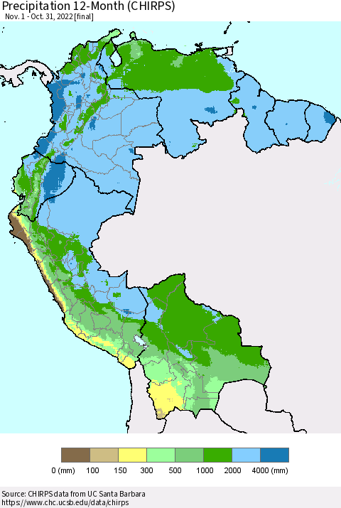 Northern South America Precipitation 12-Month (CHIRPS) Thematic Map For 11/1/2021 - 10/31/2022
