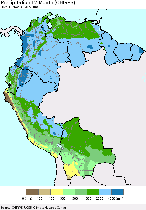 Northern South America Precipitation 12-Month (CHIRPS) Thematic Map For 12/1/2021 - 11/30/2022