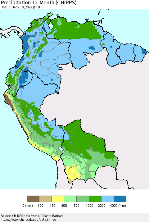 Northern South America Precipitation 12-Month (CHIRPS) Thematic Map For 12/1/2021 - 11/30/2022