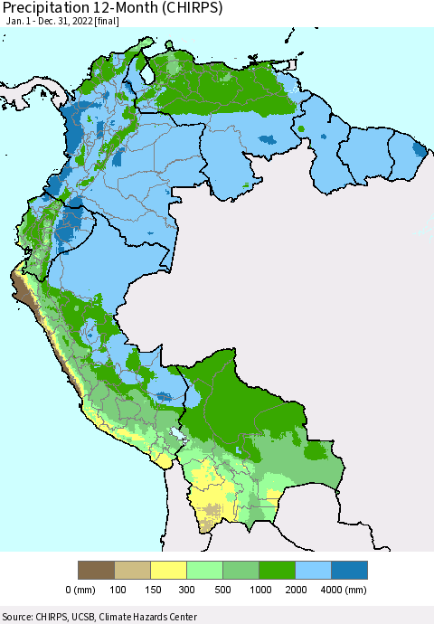 Northern South America Precipitation 12-Month (CHIRPS) Thematic Map For 1/1/2022 - 12/31/2022