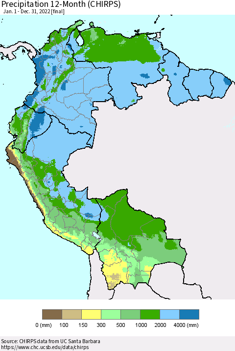 Northern South America Precipitation 12-Month (CHIRPS) Thematic Map For 1/1/2022 - 12/31/2022