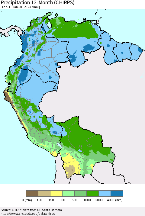 Northern South America Precipitation 12-Month (CHIRPS) Thematic Map For 2/1/2022 - 1/31/2023