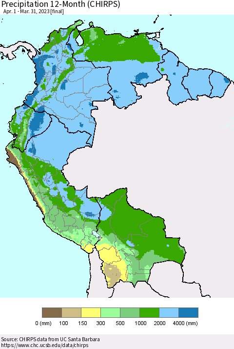 Northern South America Precipitation 12-Month (CHIRPS) Thematic Map For 4/1/2022 - 3/31/2023