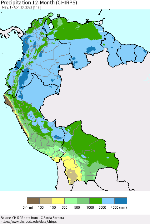 Northern South America Precipitation 12-Month (CHIRPS) Thematic Map For 5/1/2022 - 4/30/2023