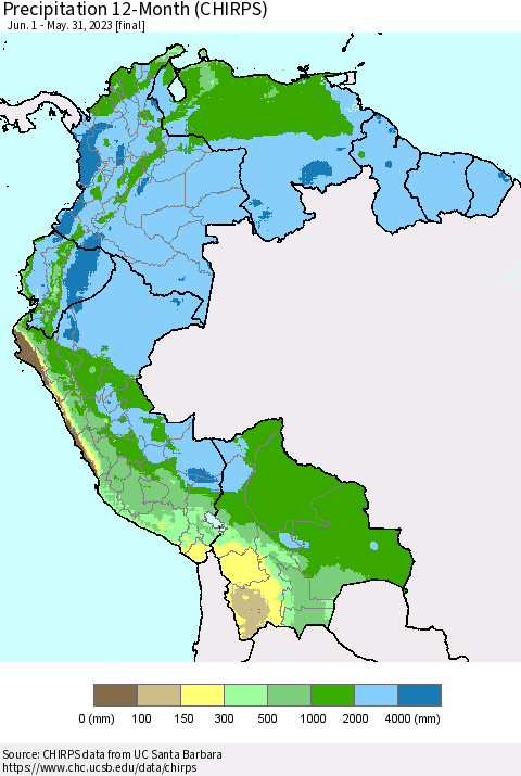 Northern South America Precipitation 12-Month (CHIRPS) Thematic Map For 6/1/2022 - 5/31/2023