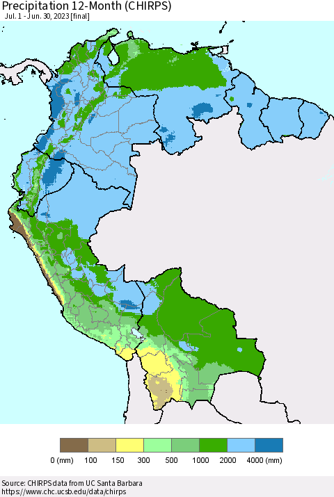 Northern South America Precipitation 12-Month (CHIRPS) Thematic Map For 7/1/2022 - 6/30/2023