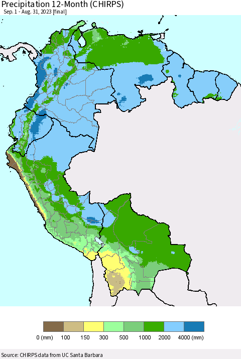 Northern South America Precipitation 12-Month (CHIRPS) Thematic Map For 9/1/2022 - 8/31/2023