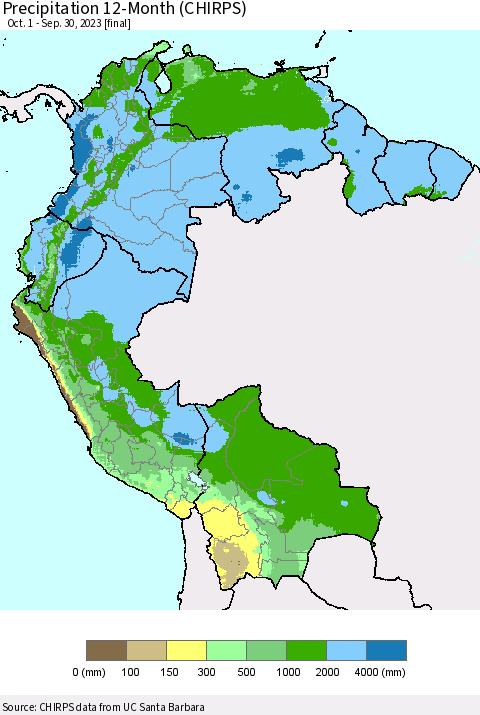 Northern South America Precipitation 12-Month (CHIRPS) Thematic Map For 10/1/2022 - 9/30/2023