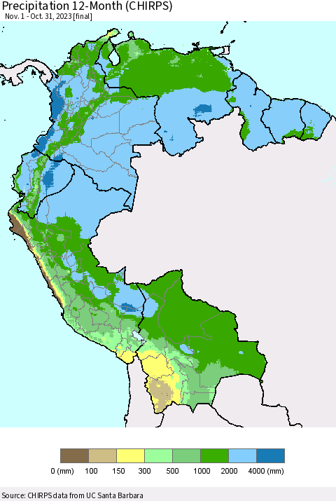 Northern South America Precipitation 12-Month (CHIRPS) Thematic Map For 11/1/2022 - 10/31/2023