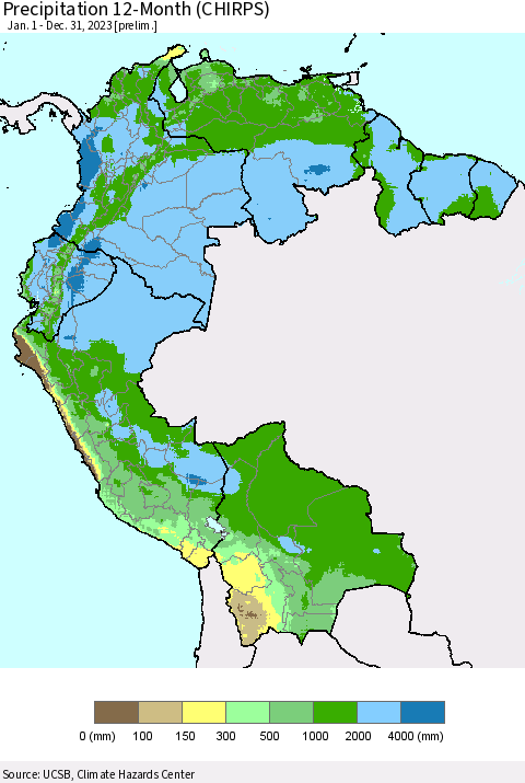 Northern South America Precipitation 12-Month (CHIRPS) Thematic Map For 1/1/2023 - 12/31/2023