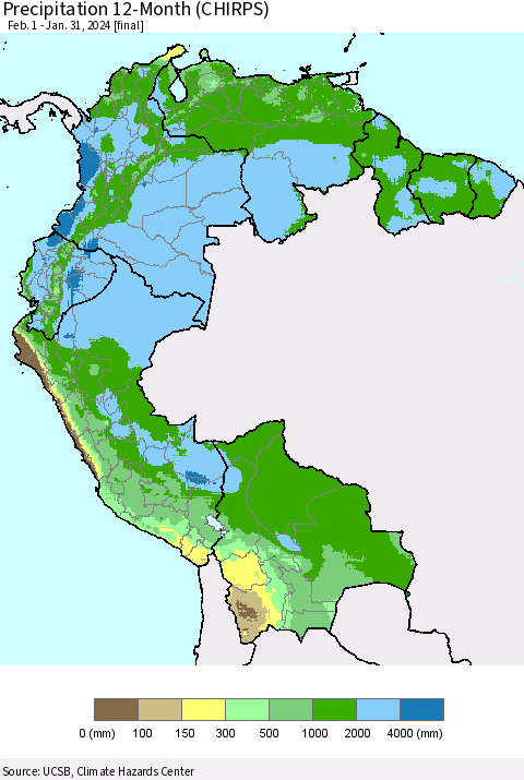 Northern South America Precipitation 12-Month (CHIRPS) Thematic Map For 2/1/2023 - 1/31/2024