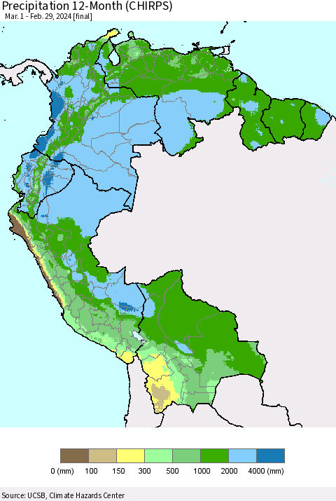 Northern South America Precipitation 12-Month (CHIRPS) Thematic Map For 3/1/2023 - 2/29/2024
