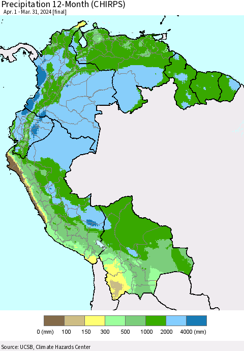 Northern South America Precipitation 12-Month (CHIRPS) Thematic Map For 4/1/2023 - 3/31/2024