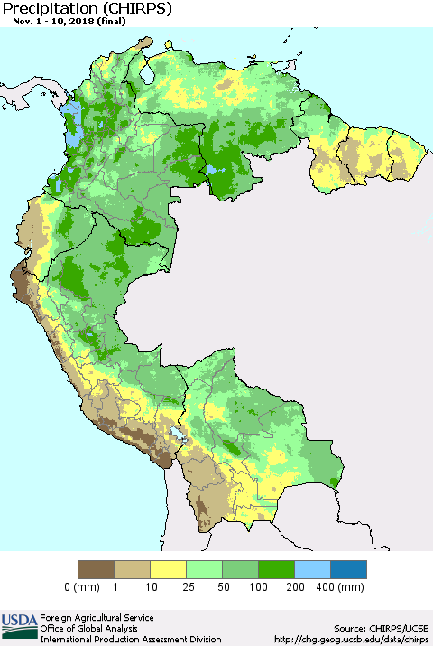 Northern South America Precipitation (CHIRPS) Thematic Map For 11/1/2018 - 11/10/2018