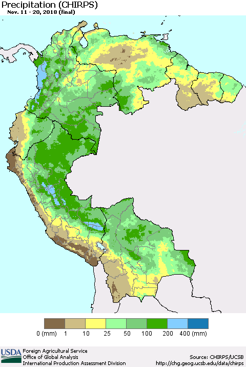 Northern South America Precipitation (CHIRPS) Thematic Map For 11/11/2018 - 11/20/2018
