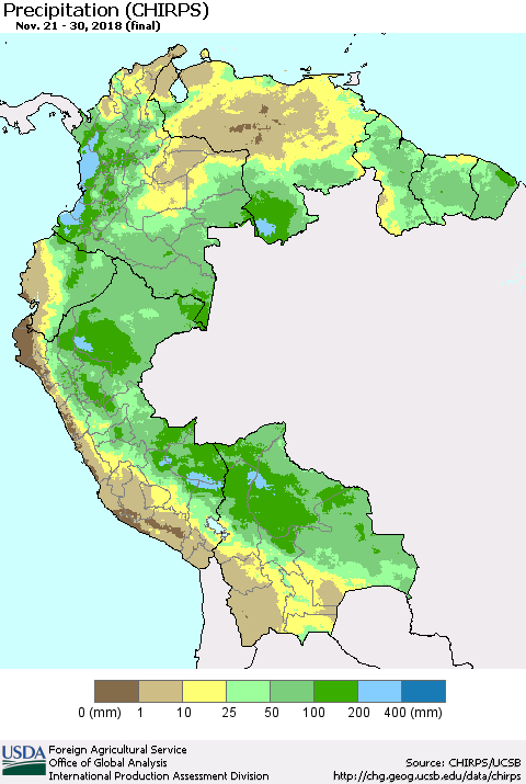 Northern South America Precipitation (CHIRPS) Thematic Map For 11/21/2018 - 11/30/2018