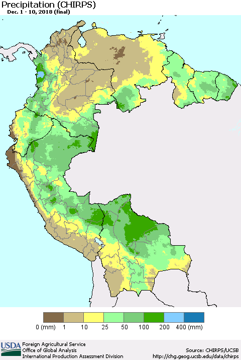Northern South America Precipitation (CHIRPS) Thematic Map For 12/1/2018 - 12/10/2018
